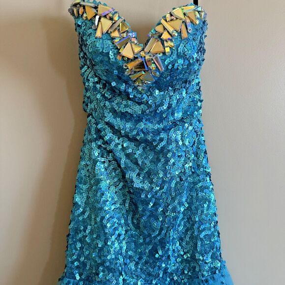 RJ CRUSH Long Mermaid PROM DRESS Aqua Blue Sequins Stones Stapless Tulle Sz 4 - Picture 7 of 15